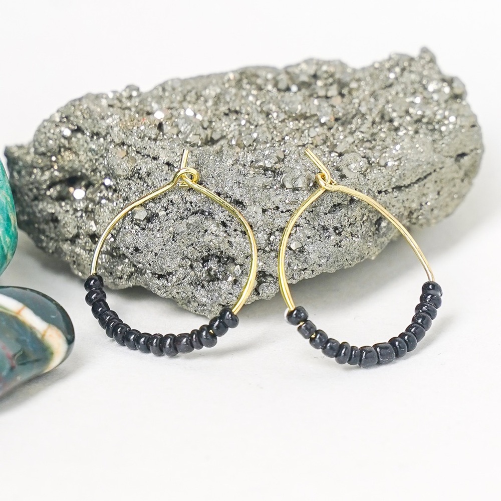 Seed Bead Hoop Earrings Handmade Black Brass Nickel Free